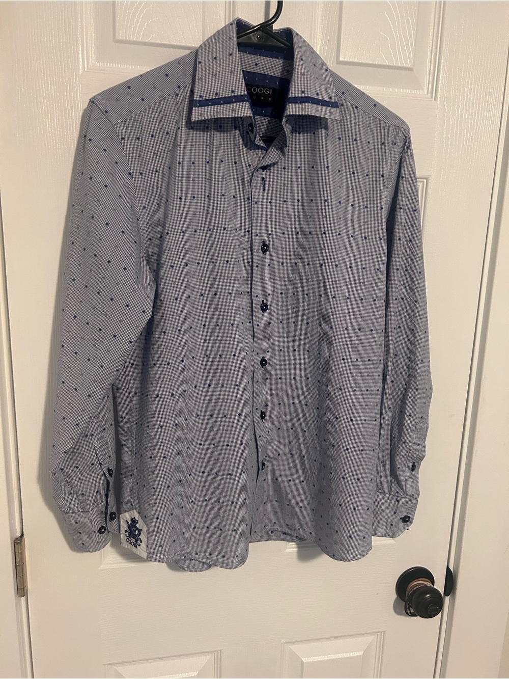 COOGI Luxe Light Blue Dress Shirt with Navy Dot Pattern